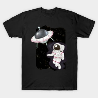 Ufo alien funny cute flying spaceship astronaut moon mars cosmic forest T-Shirt